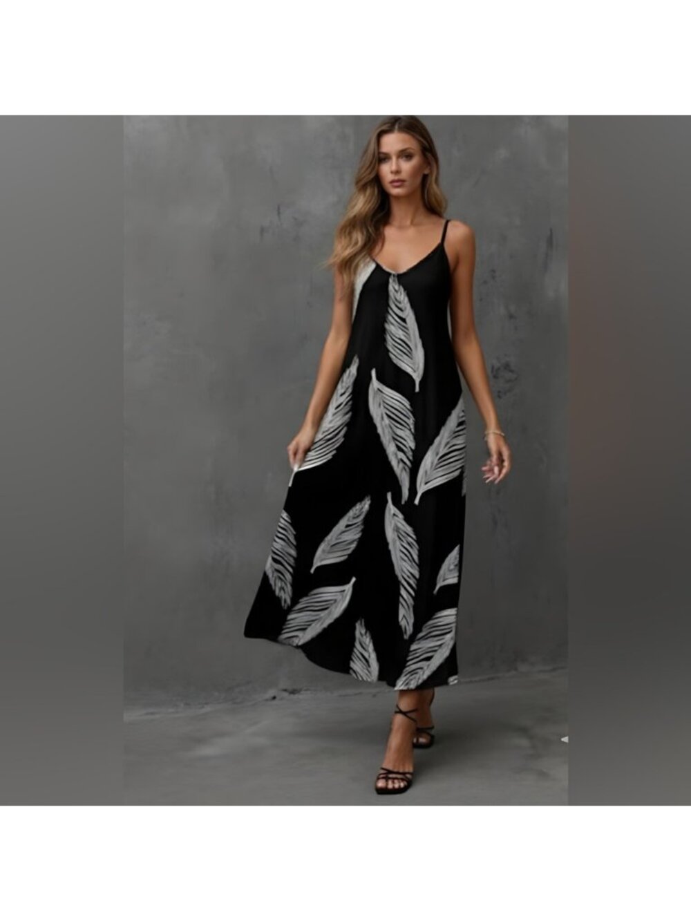 Boho Leaf Print Sleeveless Maxi Dress Black - Picture 2 of 9